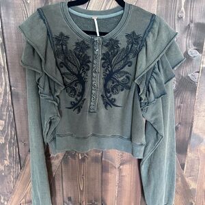 Free People Olive Embroidered Ruffle Sweatshirt